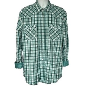 Panhandle Mens Shirt Rough Stock Western Plaid 100% Cotton Pearl Snaps L Green